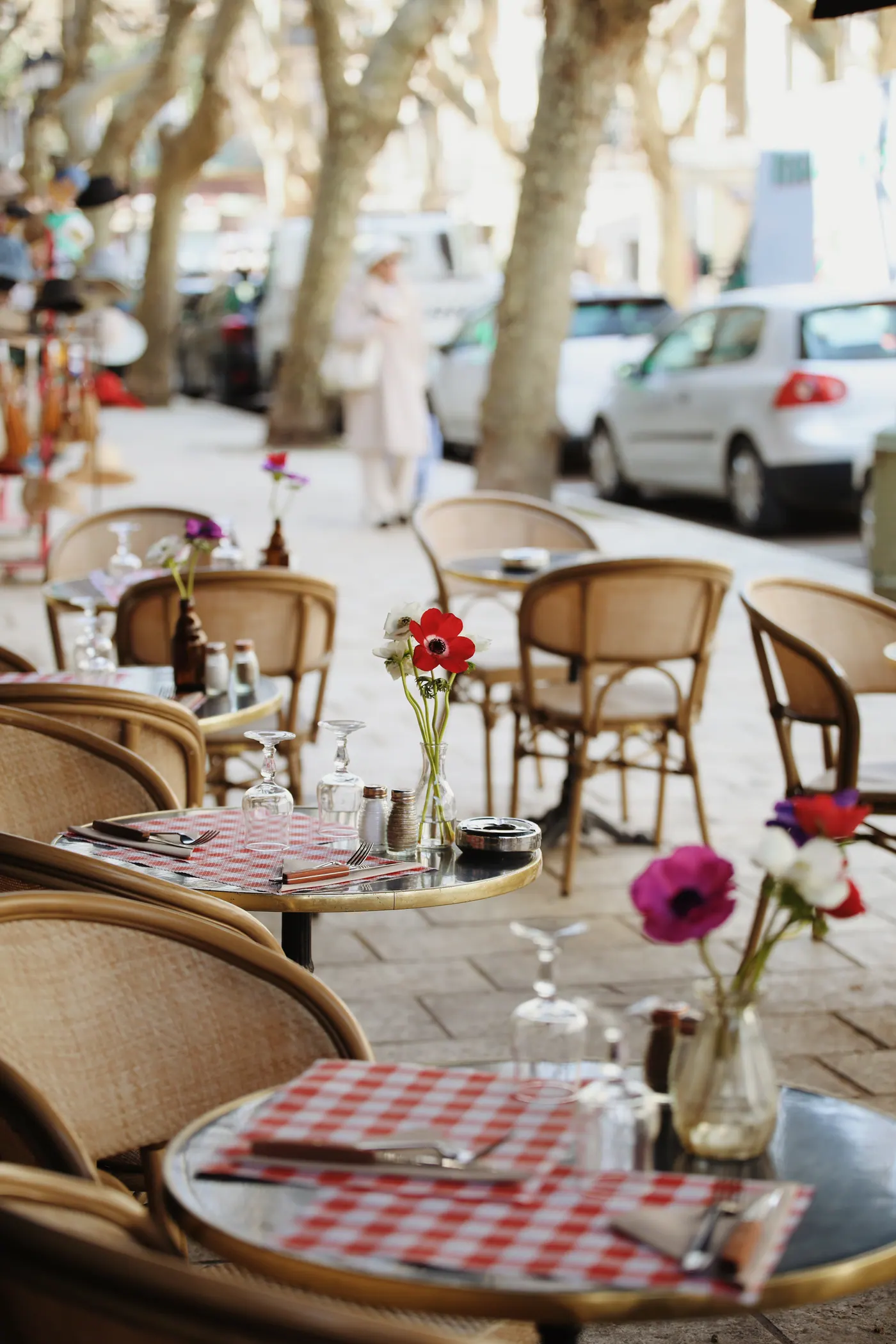 Tables de la terrasse du Vieux Café, nappes vichy et anémones, à l'ombre des platanes
